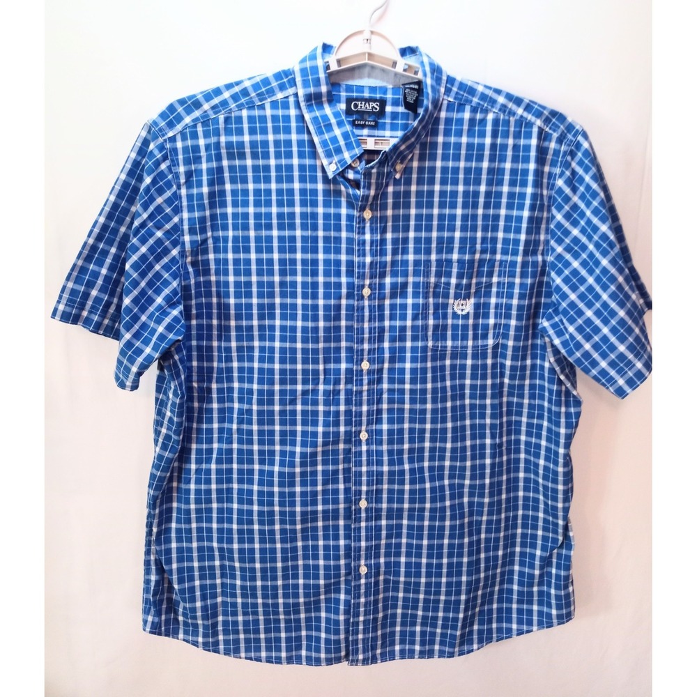 Chaps Easy Care Men's Short Sleeve Button Down Shirt, 3XL, Blue Plaid